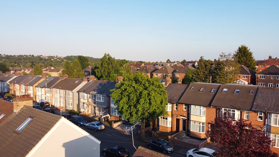 An aerial view of a quiet residential street in Hendon, featuring a row of semi-detached houses with brick facades, pitched tiled roofs, and front gardens. Several cars are parked along the curb, and large trees with green and burgundy foliage line the pavement, providing shade and greenery. The scene is illuminated by natural daylight with clear blue skies overhead. This image showcases the suburban environment typical of Hendon, suitable for house removals and furniture transport services offered by Man and Van Hendon. The environment appears calm, with no visible moving activity, but the setting is ideal for planning home relocation or packing and moving procedures within the area.